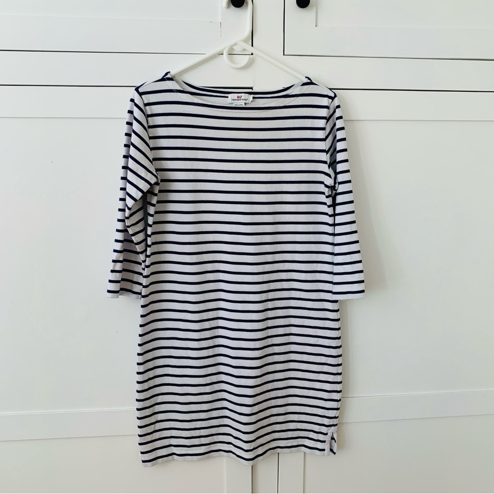 Vineyard Vines Navy Blue Stripe Boat Neck Long Sleeve Dress Size Small